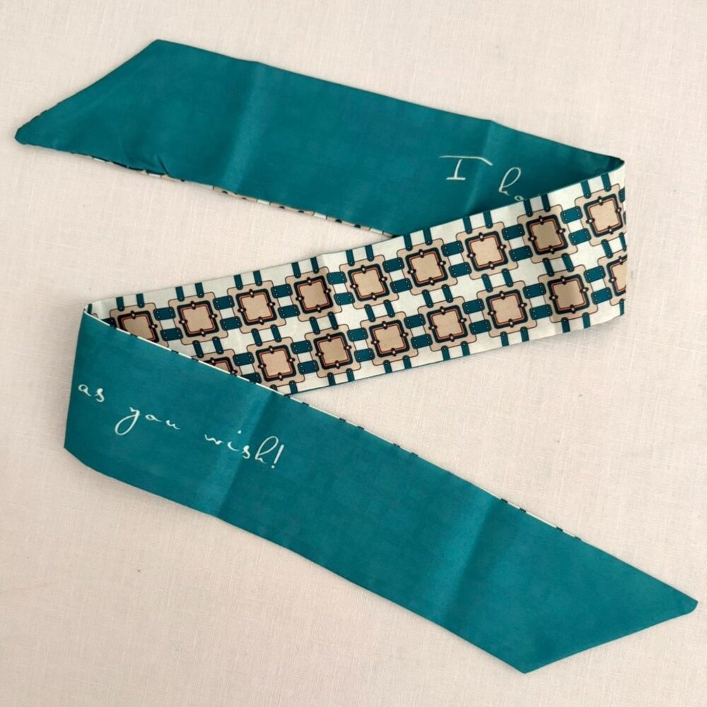 Slim Scarf 34in Teal Geometric Print Double Sided Neck Head Hair Bag Wrap  No32